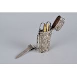 A lady’s white metal etui, with pocket clip and chain, the press button catch opens the lid to