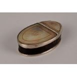 A tortoiseshell and MOP snuff box, monogrammed to the lid FAW, and with white metal mounts 7cm L