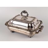 A Victorian Sheffield plated food serving dish on stand, together with two silver sugar tongs, a