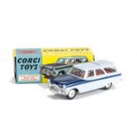 A Corgi Toys 424 Ford Zephyr Estate Car, pale blue body, dark blue bonnet and side flash, red