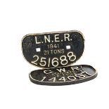 Two Cast Iron Wagon Plates from LNER and GWR, both with white lettering on black ground,