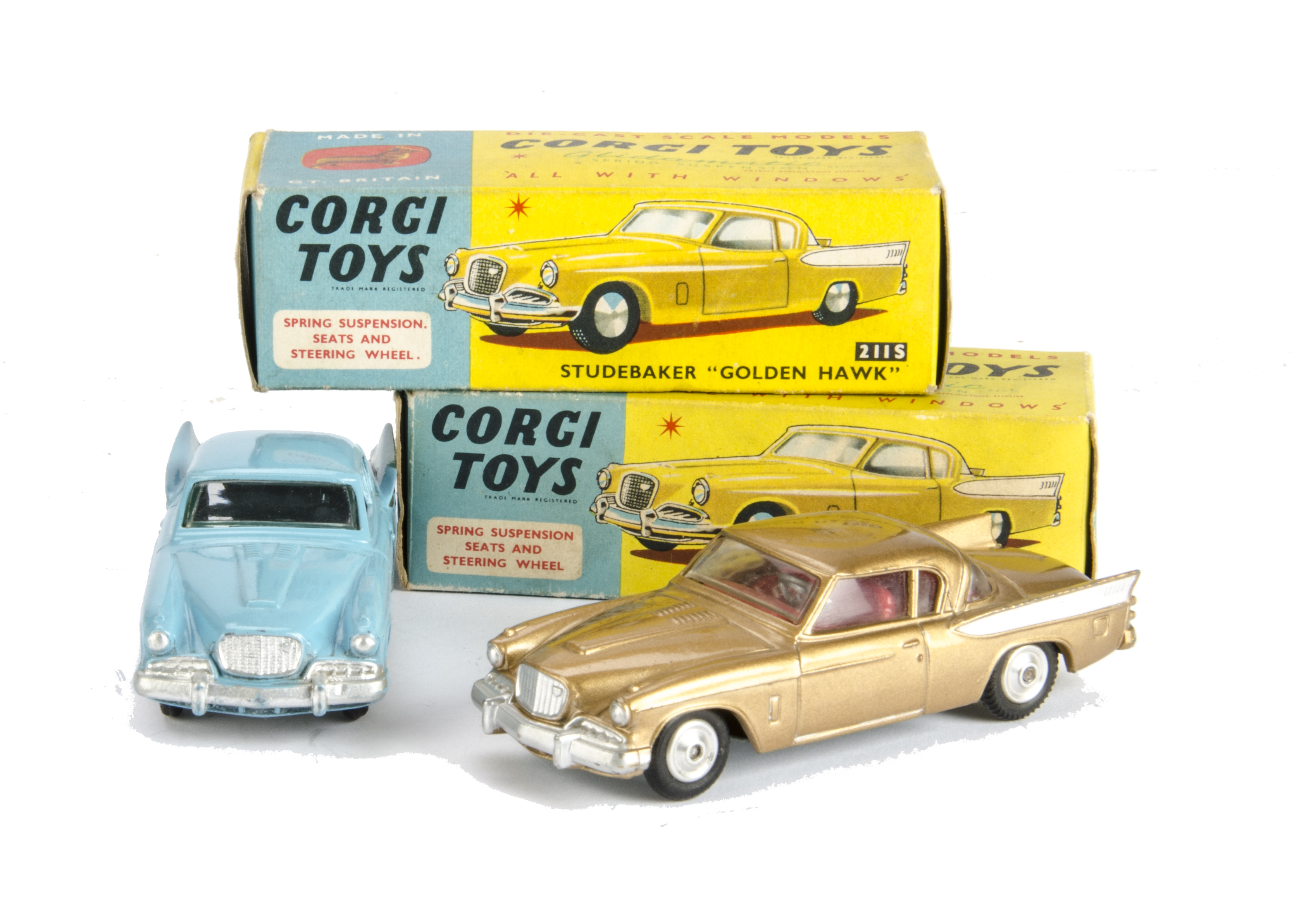 A Corgi Toys 211S Studebaker Golden Hawk, gold body, red interior, spun hubs, in original box, VG,