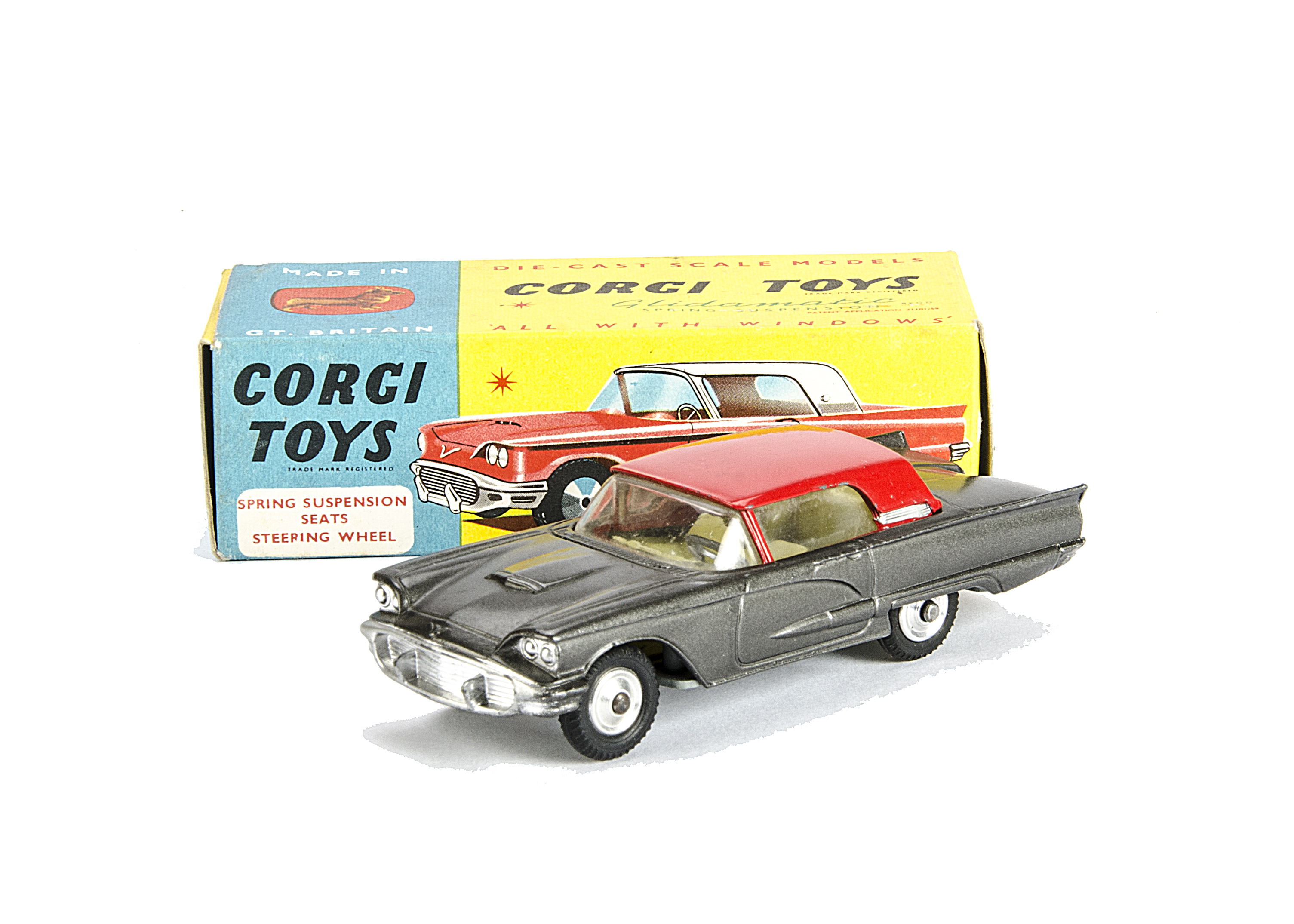 A Corgi Toys 214S Ford Thunderbird, black body, red hardtop, lemon interior, spun hubs, in