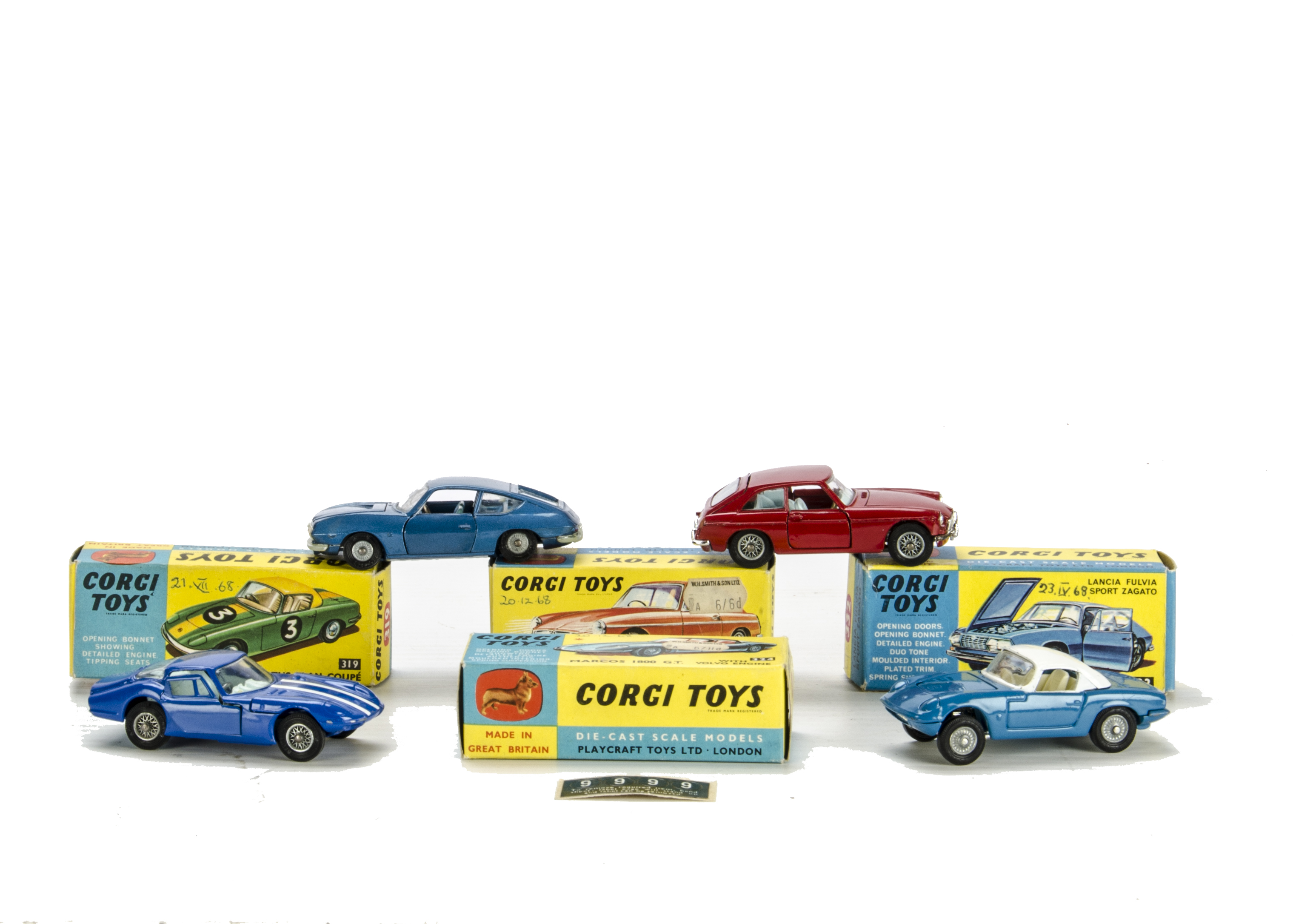 Corgi Toys 319 Lotus Elan Coupe, blue body, white top, cast hubs, unused racing numbers sheet, 327