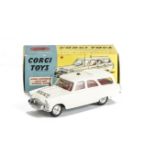 A Corgi Toys 419 Ford Zephyr Motorway Patrol, white body, red interior, spun hubs, small roof light,