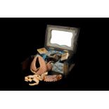 A belle epoque ebonised jewellery box, with tortoiseshell snuff box AF, purses, etc.