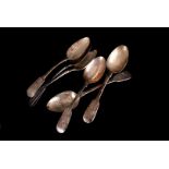 A set of five George IV silver teaspoons, fiddle pattern marked with the initial B, together another