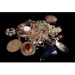 A collection of silver jewellery, and other items, including a silver spoon, pill box, and various