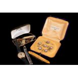 A gentleman's sterling silver dress button set, plus some cufflinks, a watch fob, a 9ct gold lady'