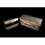 A silver cigarette case with military inscription, plus a smaller silver box 16cm W, and smaller (