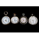 Four late 19th century lady's continental silver fob watches, one marked S. Smith & Son Ltd. The