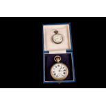 A lady's continental silver fob watch, c.1900, plus a gentleman's nickel cased pocket watch (2)