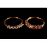 A 9ct gold chip diamond seven stone ring, plus a 9ct seven stone pink stone ring 6g (2)