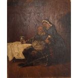 A small Victorian oil on board painting, depicting Sir John Falstaff and Mistress Quickly, 17.5cm by