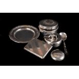 A small collection of silver and silver plated items, including a pill box with shell motif lid, six