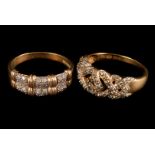 A 9ct gold and chip diamond two band dress ring, together with a 9ct and chip diamond guilloche ring