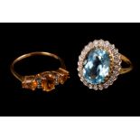 A 9ct gold aquamarine dress ring, in illusion set chip diamond mount, together with a 9ct chip