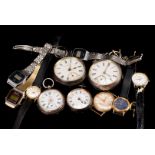 A selection of various wrist and pocket watches, comprising silver open faced fob watches, gents and