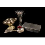 An assortment of silver plated items, to include a cigarette boxes, napkin rings, flatware, dishes