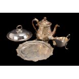 A collection of silver plated items, including a muffin dish, an engraved card dish with family