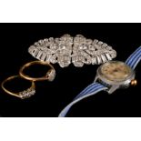 Two 18ct gold diamond Art Deco rings, both having illusion set diamonds, together with a double clip