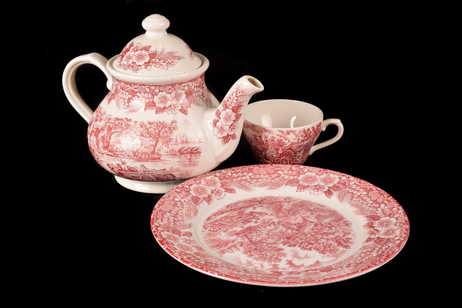A Broadhurst Ironstone pottery part dinner and tea service, in pink, from the Constable Series