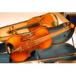 Violins, a pair (full size) in need of attention one in hard case, no strings, no bow, no markings