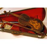 Violin, full size stamped George Chanot a Paris with bow in hard case needs attention