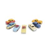 1950s Dinky Toy Cars, 161 Austin Somerset, red lower, yellow upper body, 156 Rover 75, blue upper,