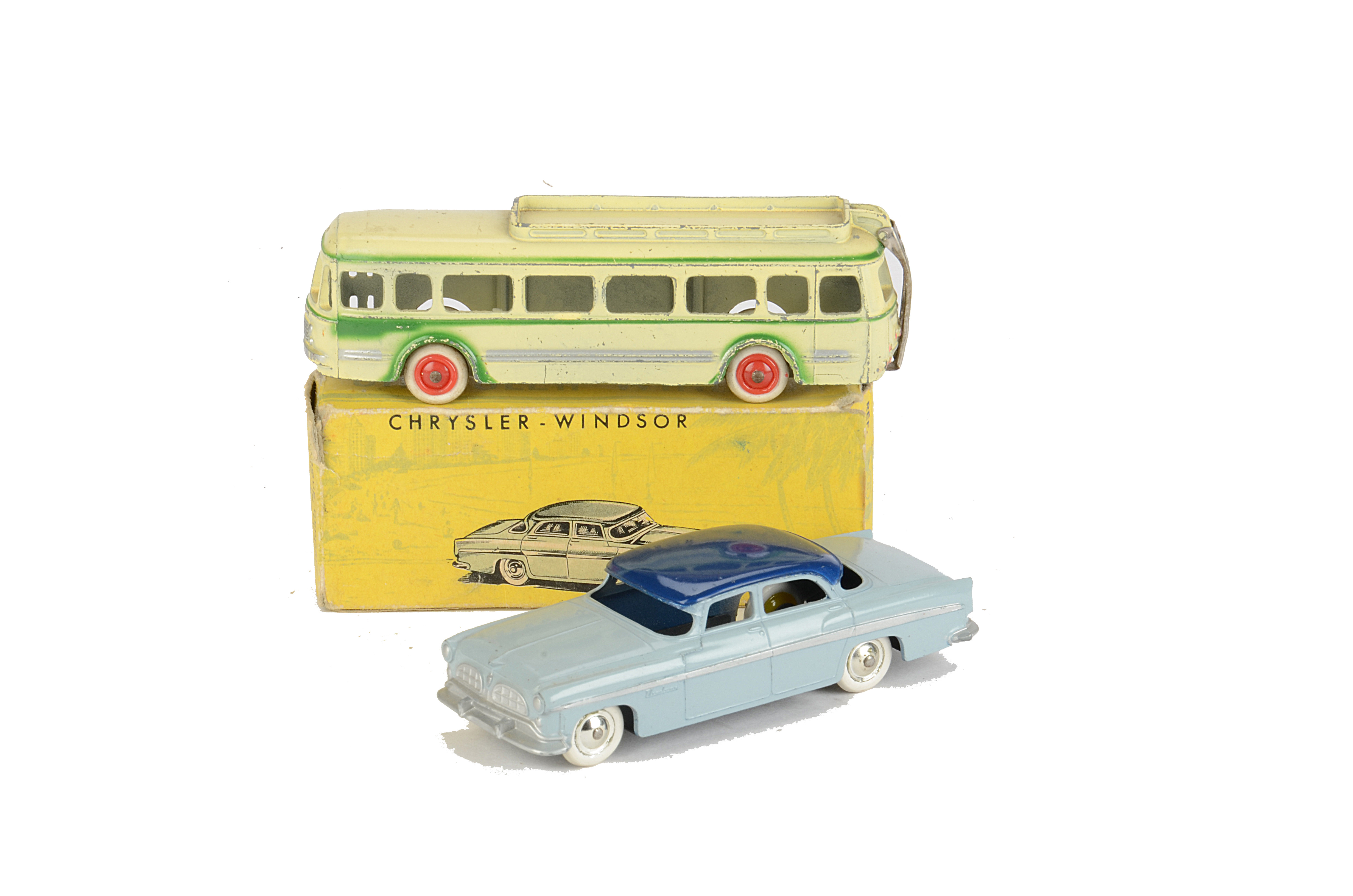A CIJ No.3/15 Chrysler Windsor, pale blue body, dark blue roof, chrome plated plastic hubs, in