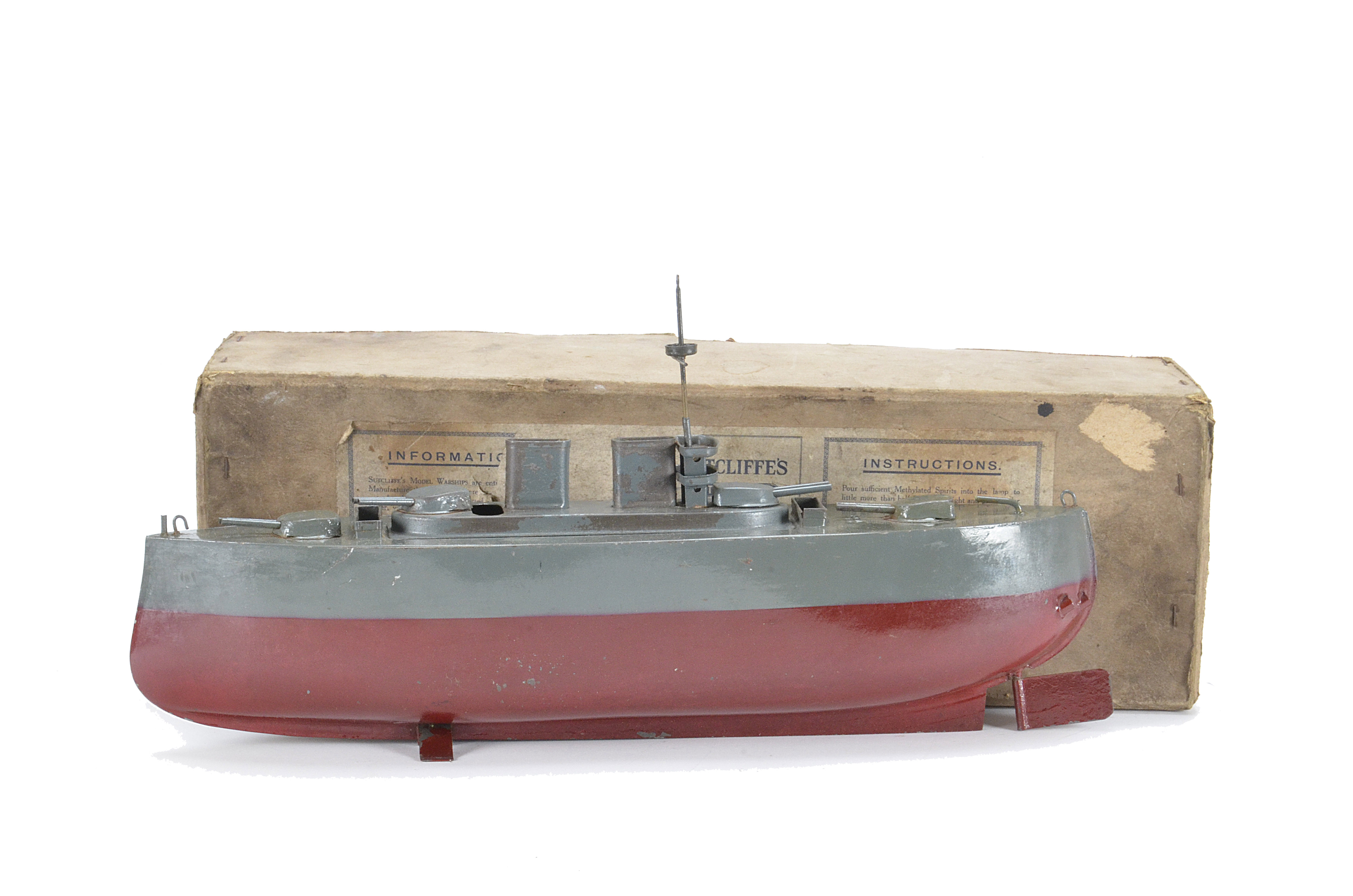 A Sutcliffe hot air propulsion 18' Model Warship, grey and maroon hull with grey deck, twin funnel