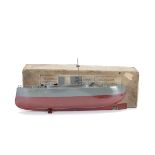 A Sutcliffe hot air propulsion 18' Model Warship, grey and maroon hull with grey deck, twin funnel