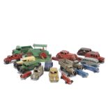 Playworn Dinky Cars & Commercials, including early post-war 38a Frazer Nash, dark blue body, light