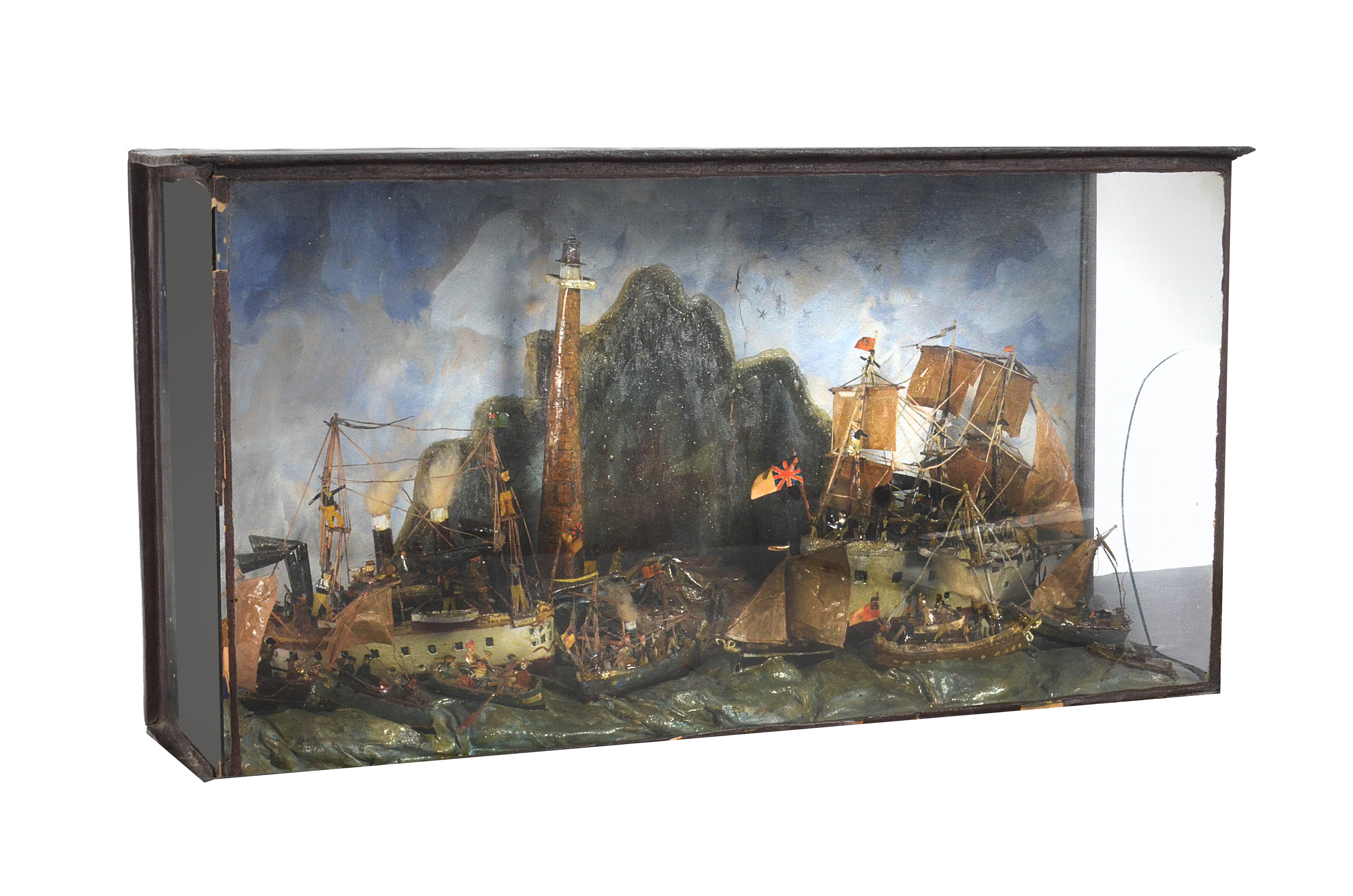 A late 19th Century Diorama depicting Gun Ships, Pinnaces and Jolly boats, featuring two British