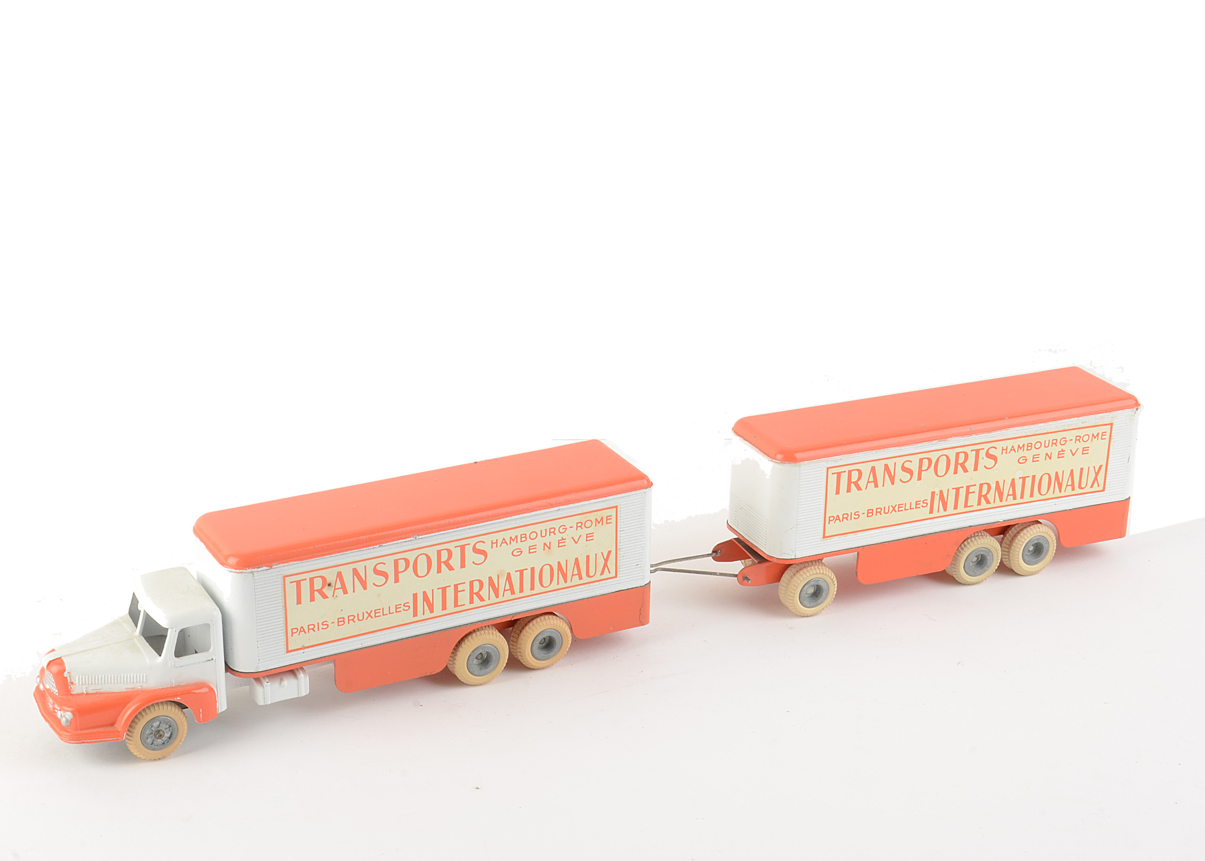 A JRD No.127 Unic Truck & Articulated Trailer, in orange and white 'Transports Internationaux'