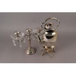 A silver plated batchlor's teapot on stand, with spirit burner ninged lid with ivory finial, also in