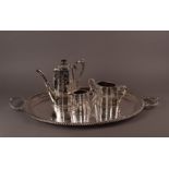 A collection of silver plate and other items, including a large oval twin handled tray, one handle