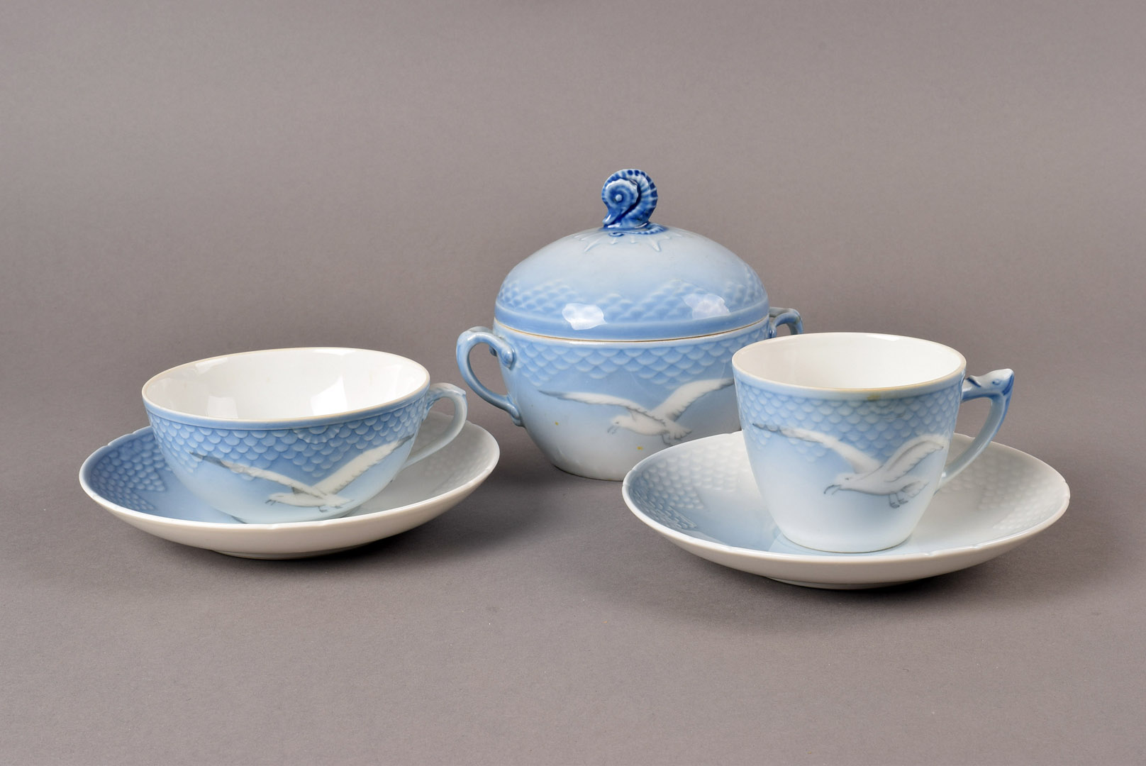 A Danish Seagull pattern part Tea service, including Sandwich plate, six tea cups and saucers,