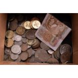 A collection of British and World coins, including several modern £2 coins, two five pound coins,