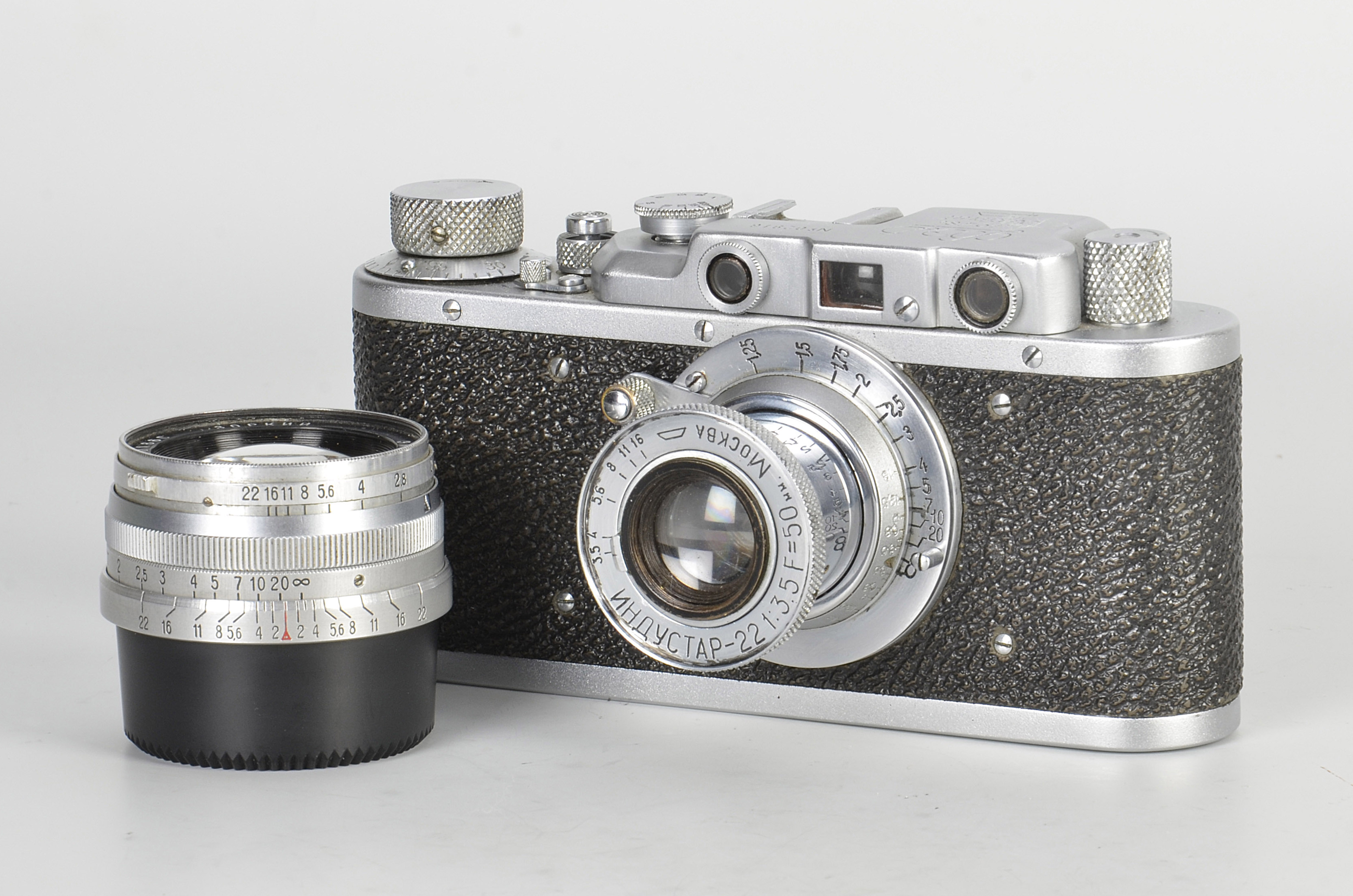 A FED Zorki Rangefinder Camera, chrome, serial no. 02916, with Mockba Industar-22 f/3.5 50mm lens,