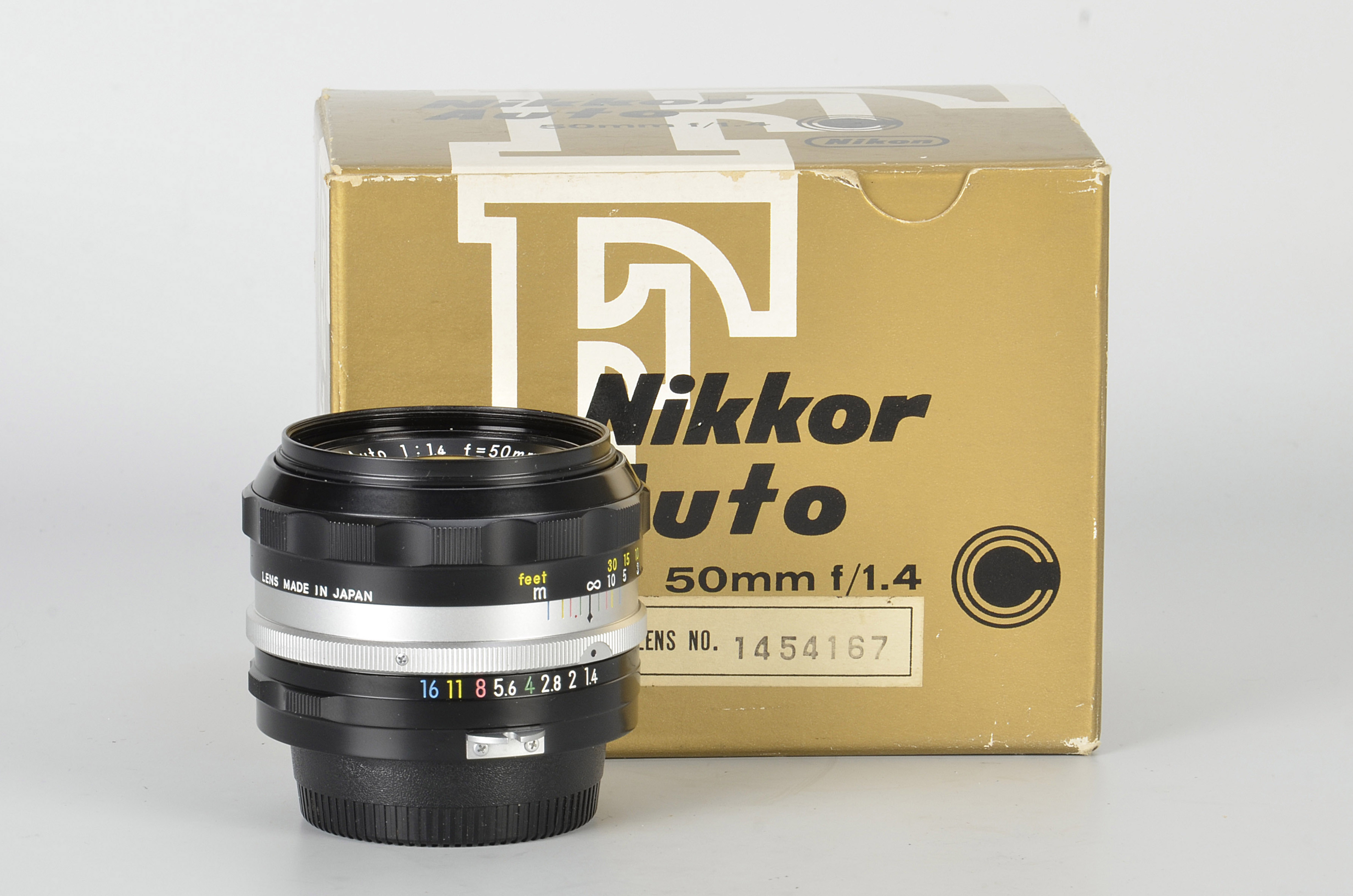 A Nikon Nikkor-S.C. f/1.4 50mm Lens, black, serial no. 1454167, body, E, elements, VG-E, in maker’