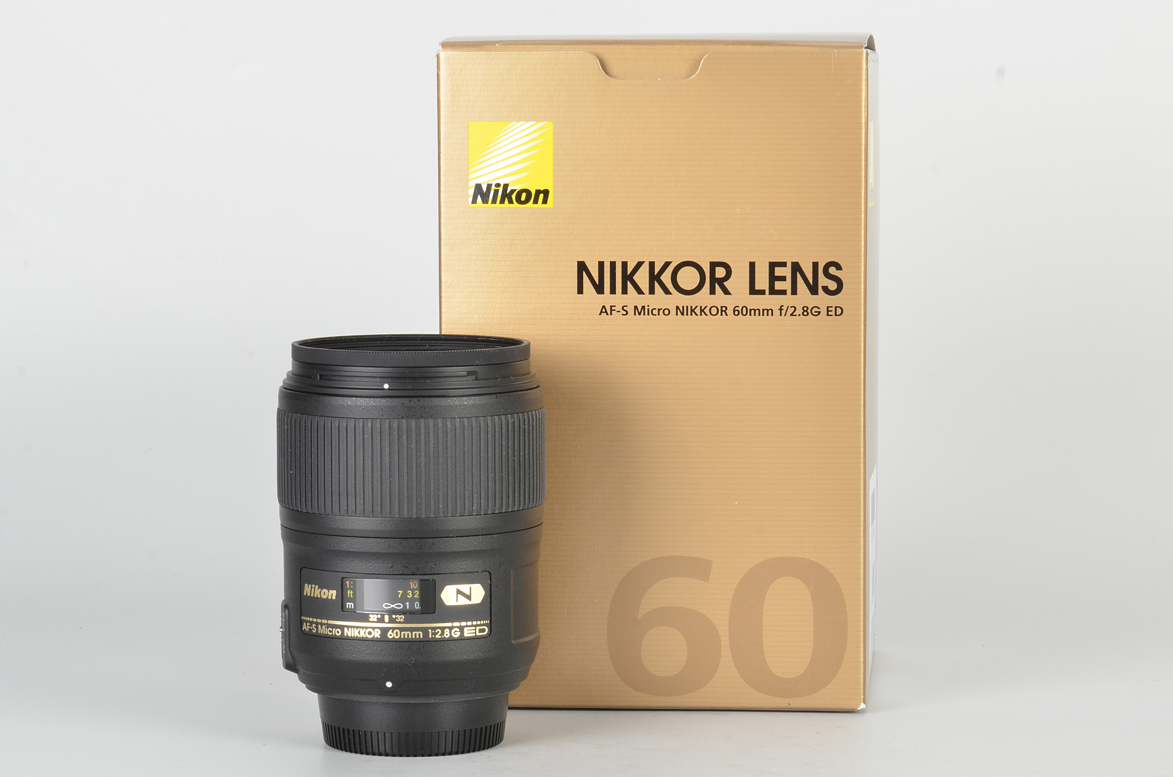 A Nikon AF-S ED IF Micro-Nikkor f/2.8 60mm Lens, black, serial no. 219764, body, E, elements, E,