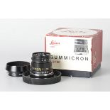 A Leitz Summicron f/2 50mm Lens, black, serial no. 2608753, body, E, elements, VG, some light