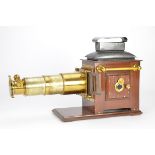 A J. Lancaster & Sons Mahogany Lantern, with unmarked double extension brass lens, body, VG,