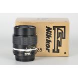 A Nikon AIS f/2.5 105mm Lens, black, serial no. 1052891, body, E, elements, E, in maker’s box