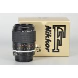 A Nikon AIS Micro-Nikkor f/2.8 105mm Lens, black, serial no. 214874, body, E, elements, VG-E, some