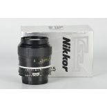 A Nikon AI f/2.5 105mm Lens, black, serial no. 674645, body, E, elements, VG-E, in maker’s box