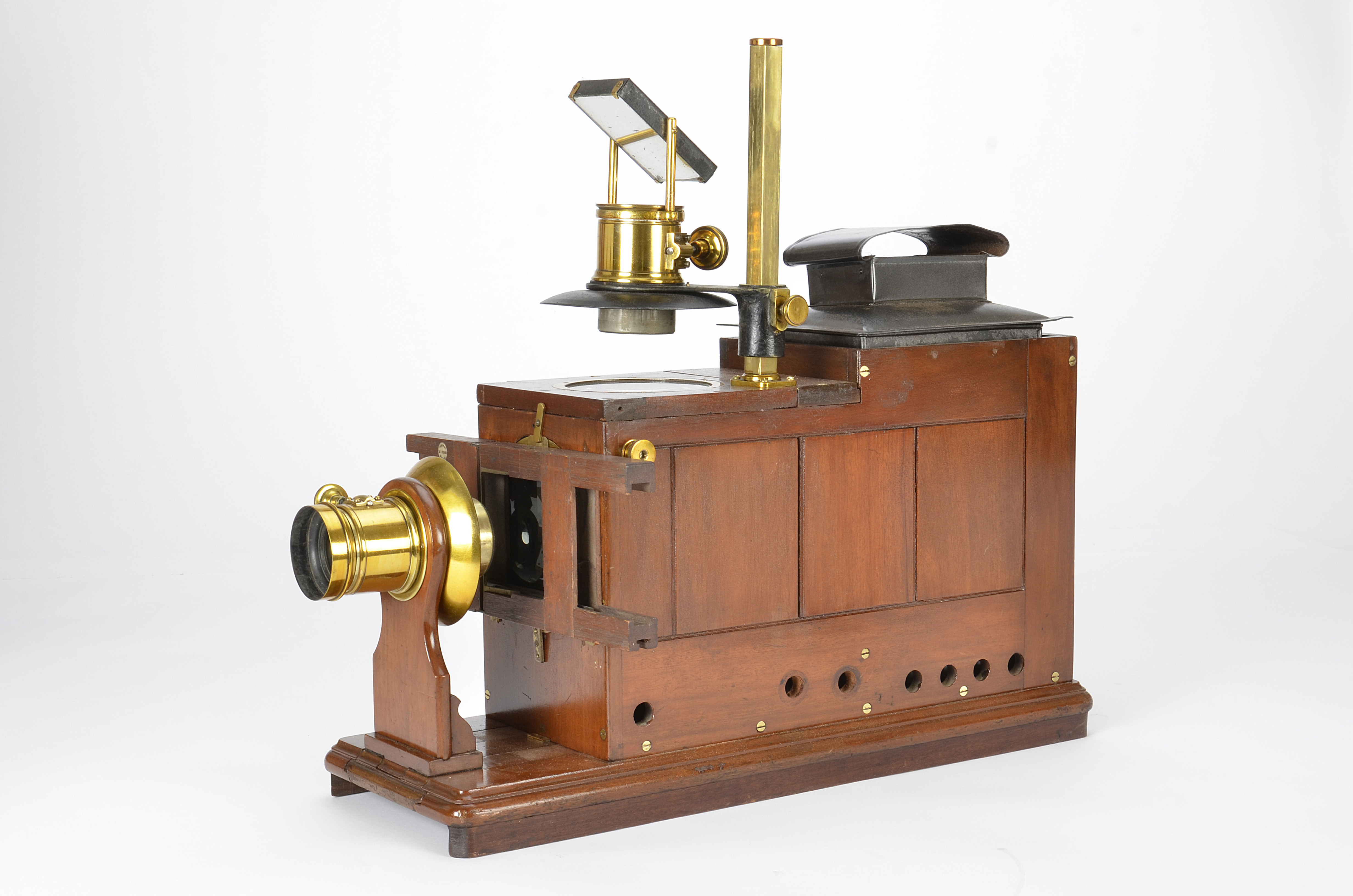 A Mahogany Scientific Lantern, by Griffin of London, with two lenses, one for standard projection