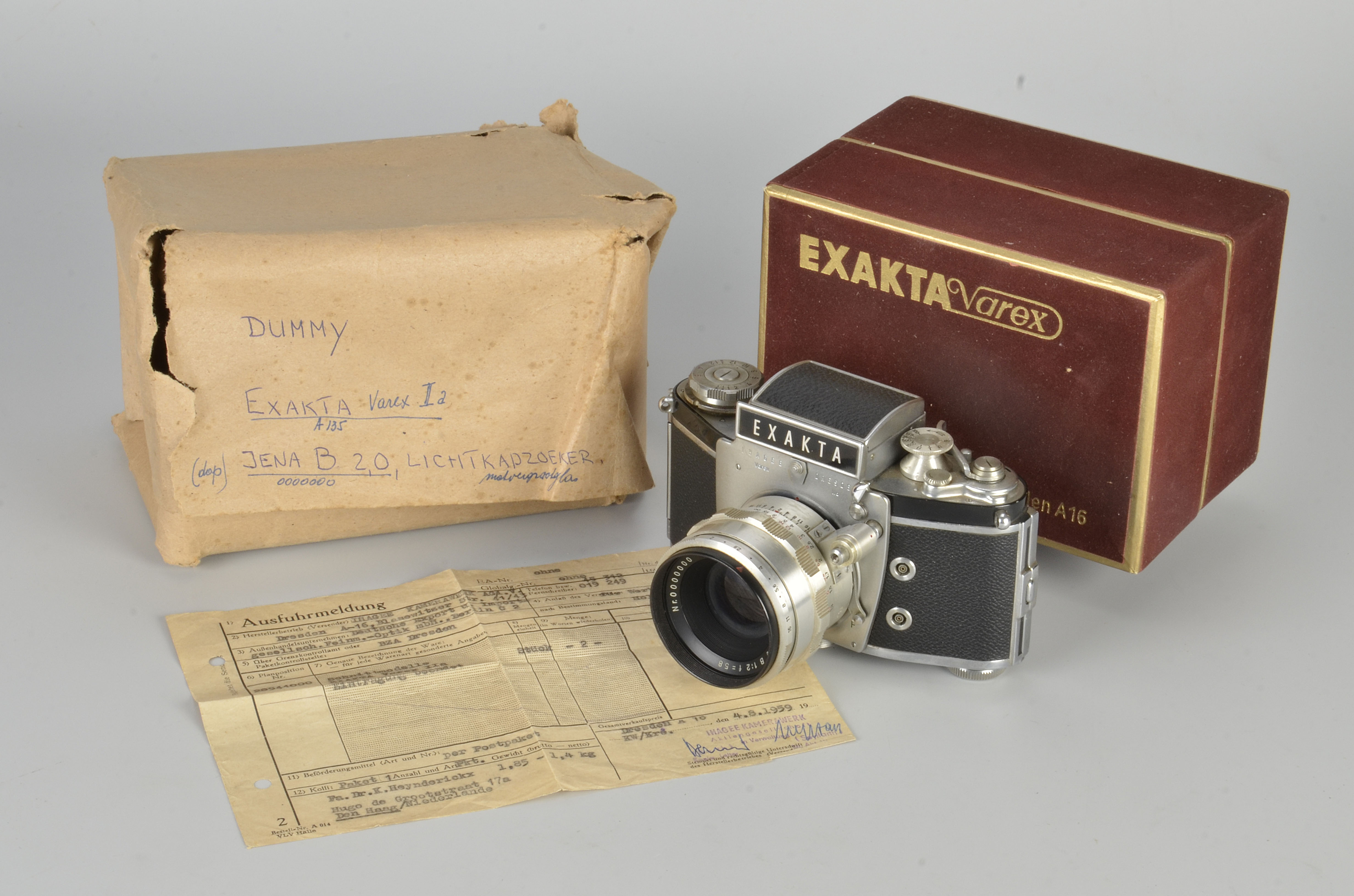 An Ihagee Exakta Varex IIA Dummy Model, chrome, serial no. A135, with Jena f/2 58mm lens, chrome,