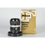 A Nikon Micro-Nikkor-P f/3.5 55mm Lens, black, serial no. 724071, body, E, elements, VG, some very